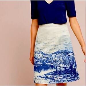 Anthropologie A-Line Skirt Size 0 Postcard Blue and Cream Print, Size 0